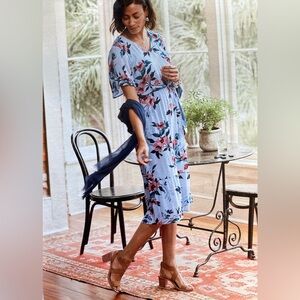 J. Jill Light Blue Floral Midi Dress with Pink and Green Blooms